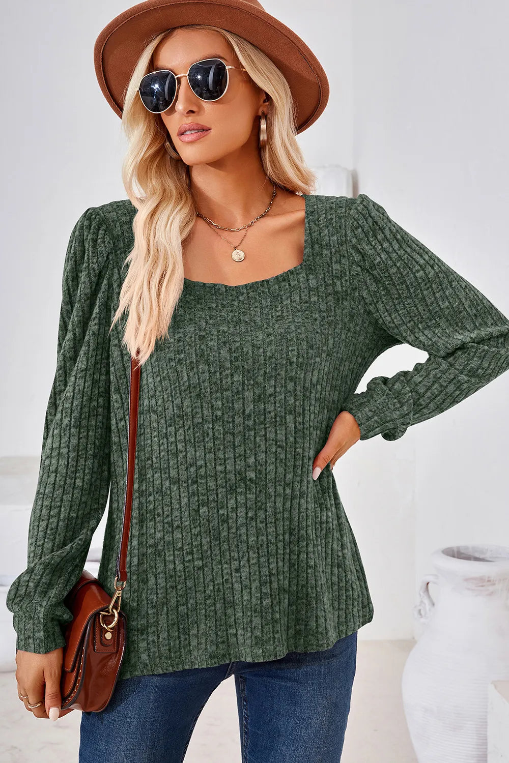 Ribbed Square Neck Long Sleeve T-Shirt – Trendsi | ClozArt
