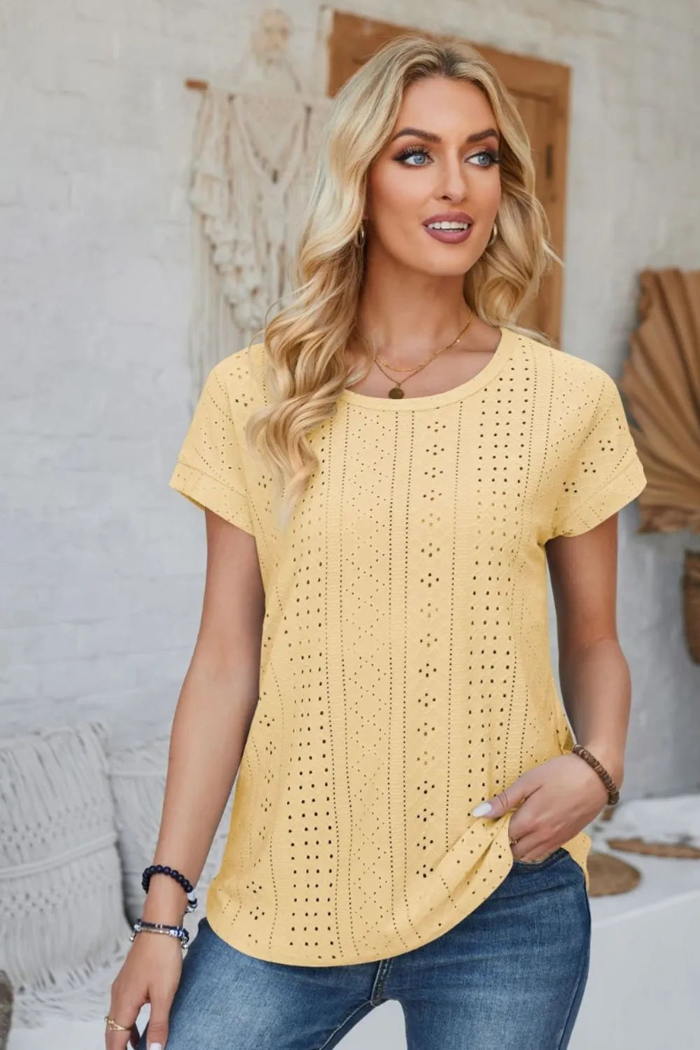Eyelet Round Neck Rolled Short Sleeve T-Shirt – Trendsi | ClozArt