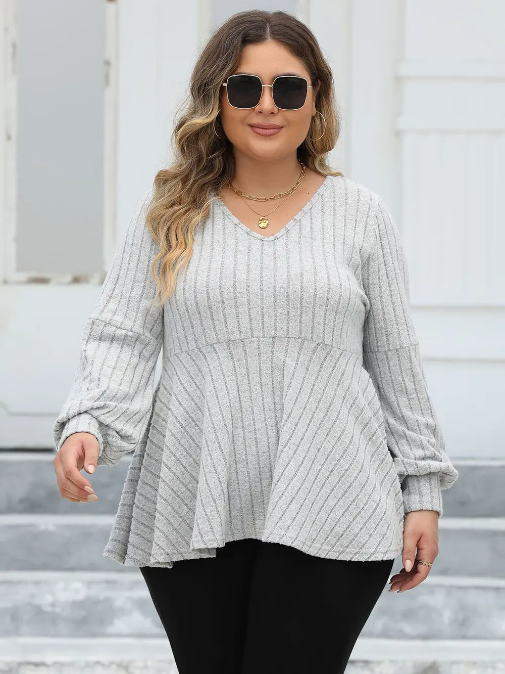 Plus Size Ribbed V-Neck Long Sleeve Blouse – Trendsi | ClozArt