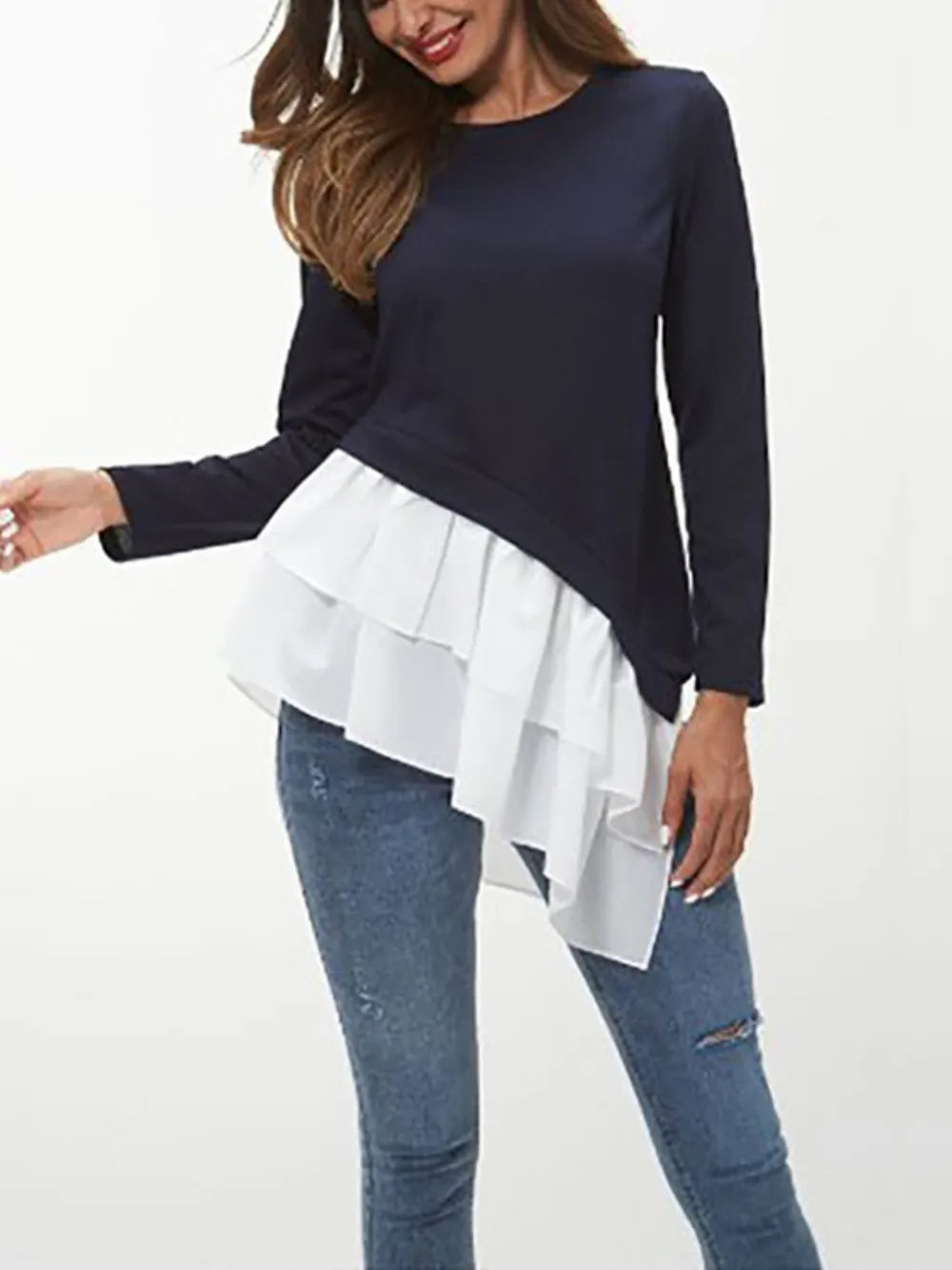 Ivy Lane Tiered Contrast Round Neck Long Sleeve T-Shirt – Trendsi | ClozArt