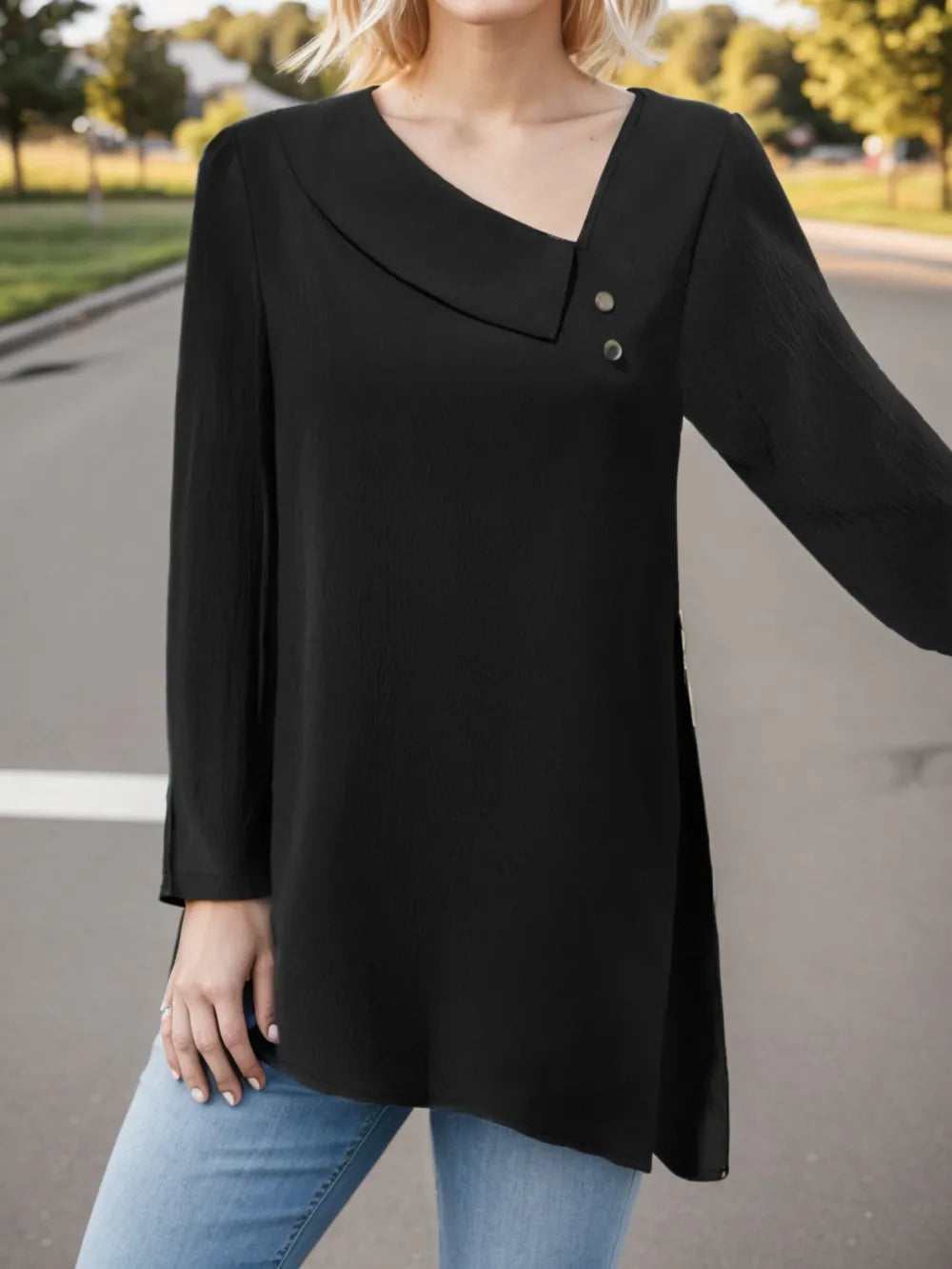 Asymmetrical Neck Long Sleeve Blouse – Trendsi | ClozArt