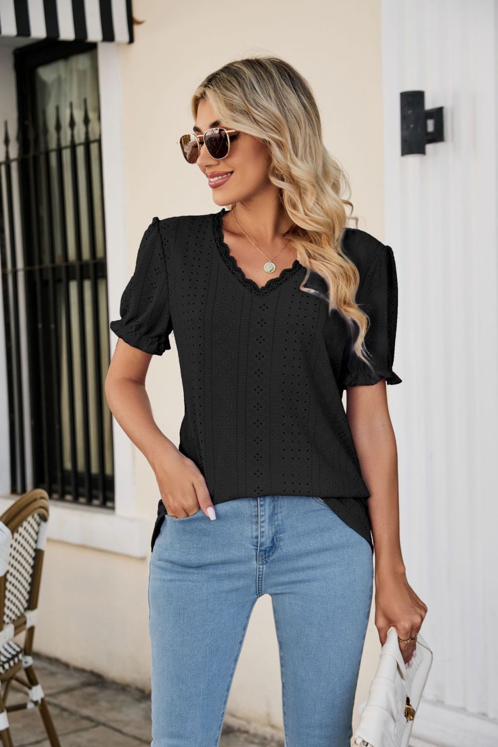 Eyelet Flounce Sleeve Scalloped V-Neck Top – Trendsi | ClozArt