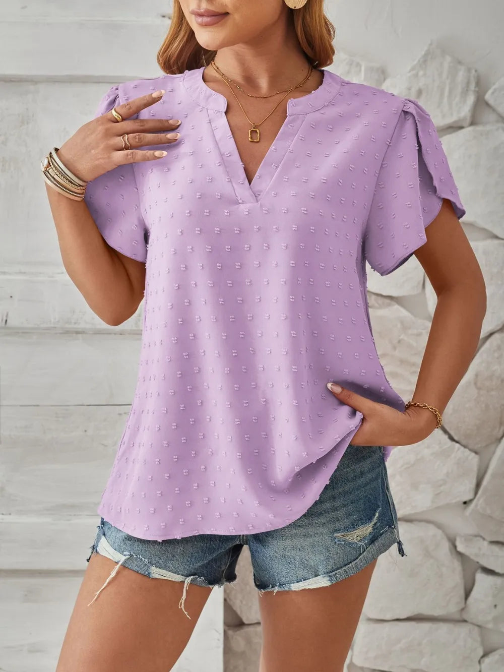 Swiss Dot Notched Petal Sleeve T-Shirt – Trendsi | ClozArt
