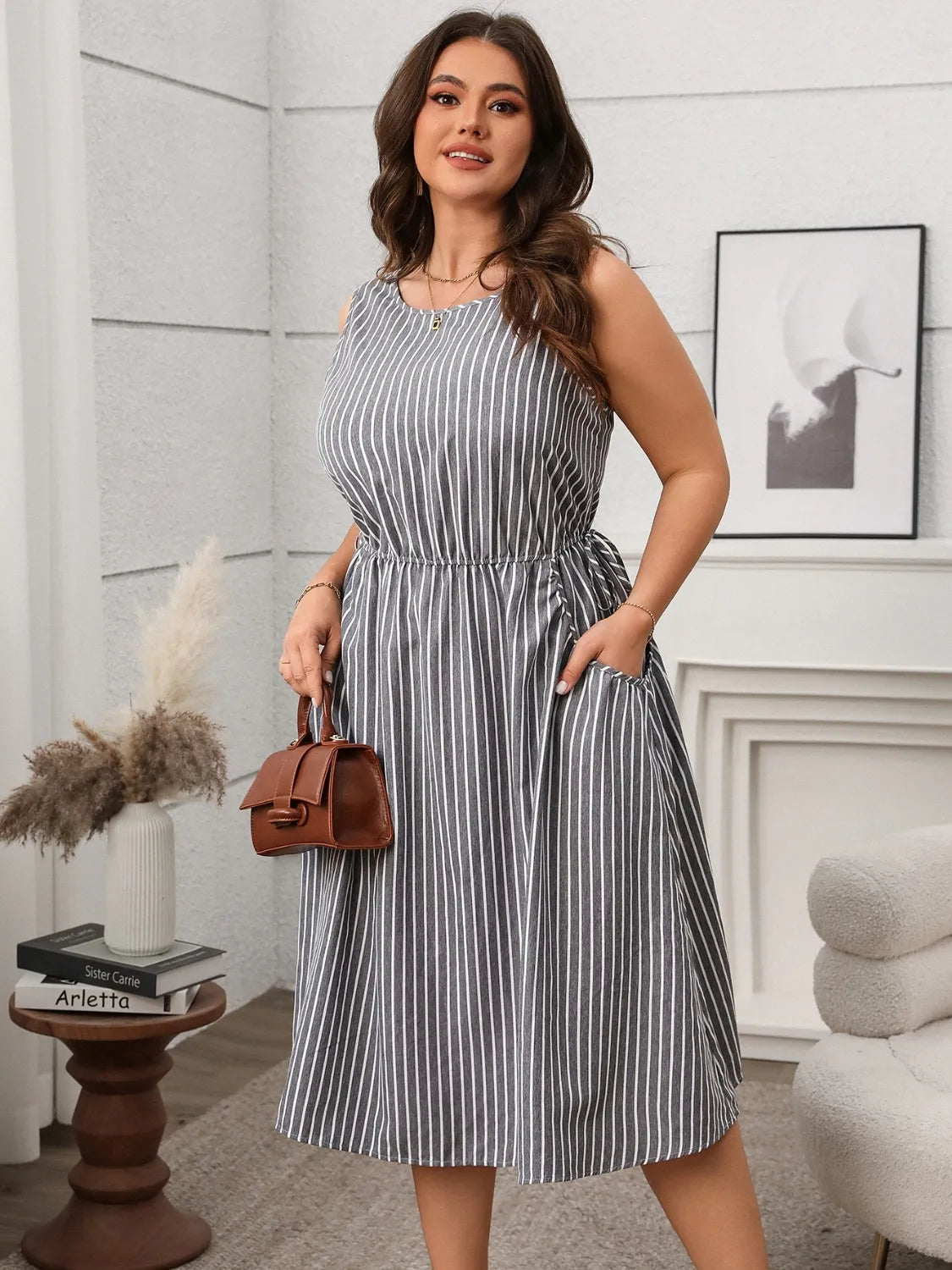 Plus Size Striped Round Neck Sleeveless Dress – Trendsi | ClozArt