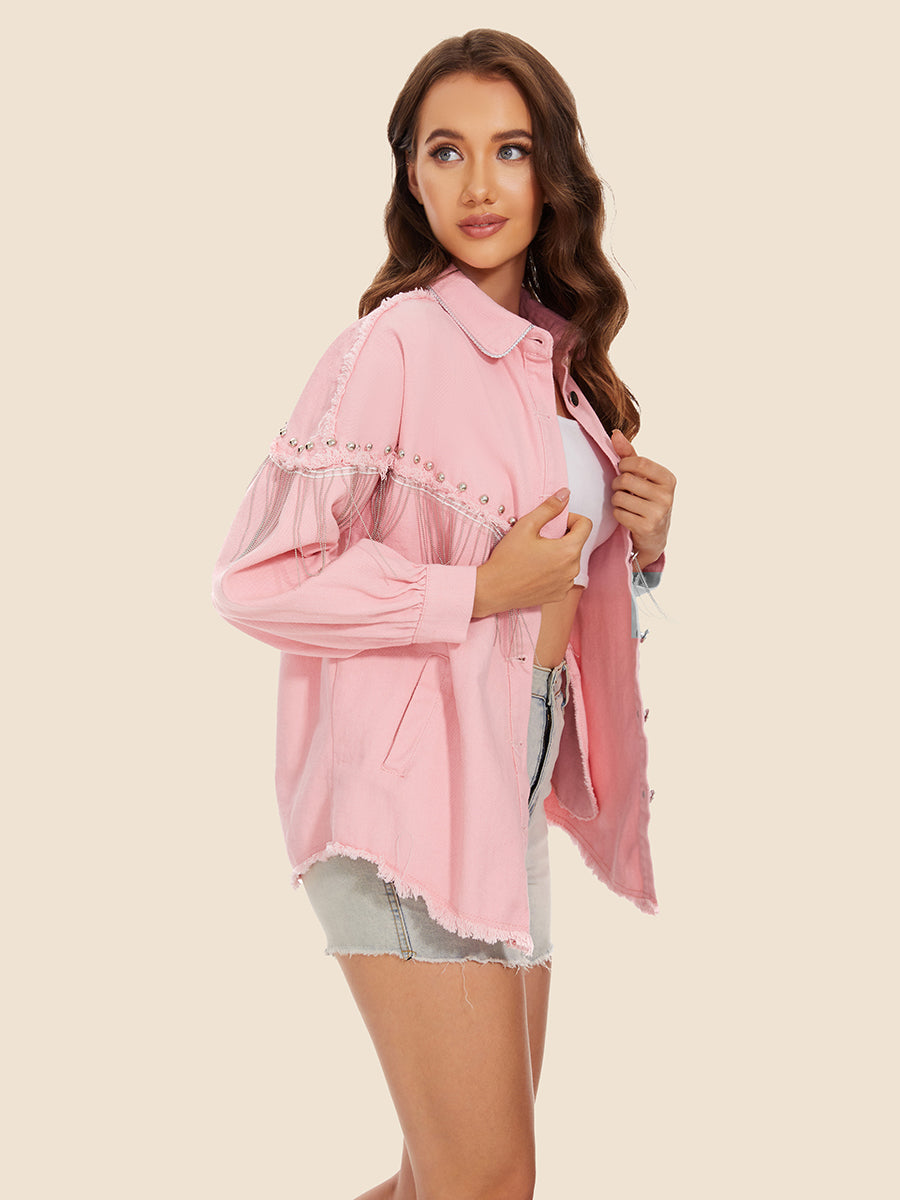 Raw Hem Fringe Detail Denim Jacket – Trendsi | ClozArt