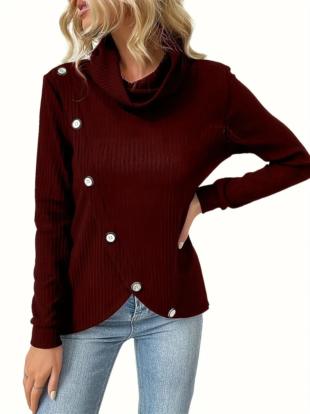 Decorative Button Turtleneck Long Sleeve T-Shirt – Trendsi | ClozArt