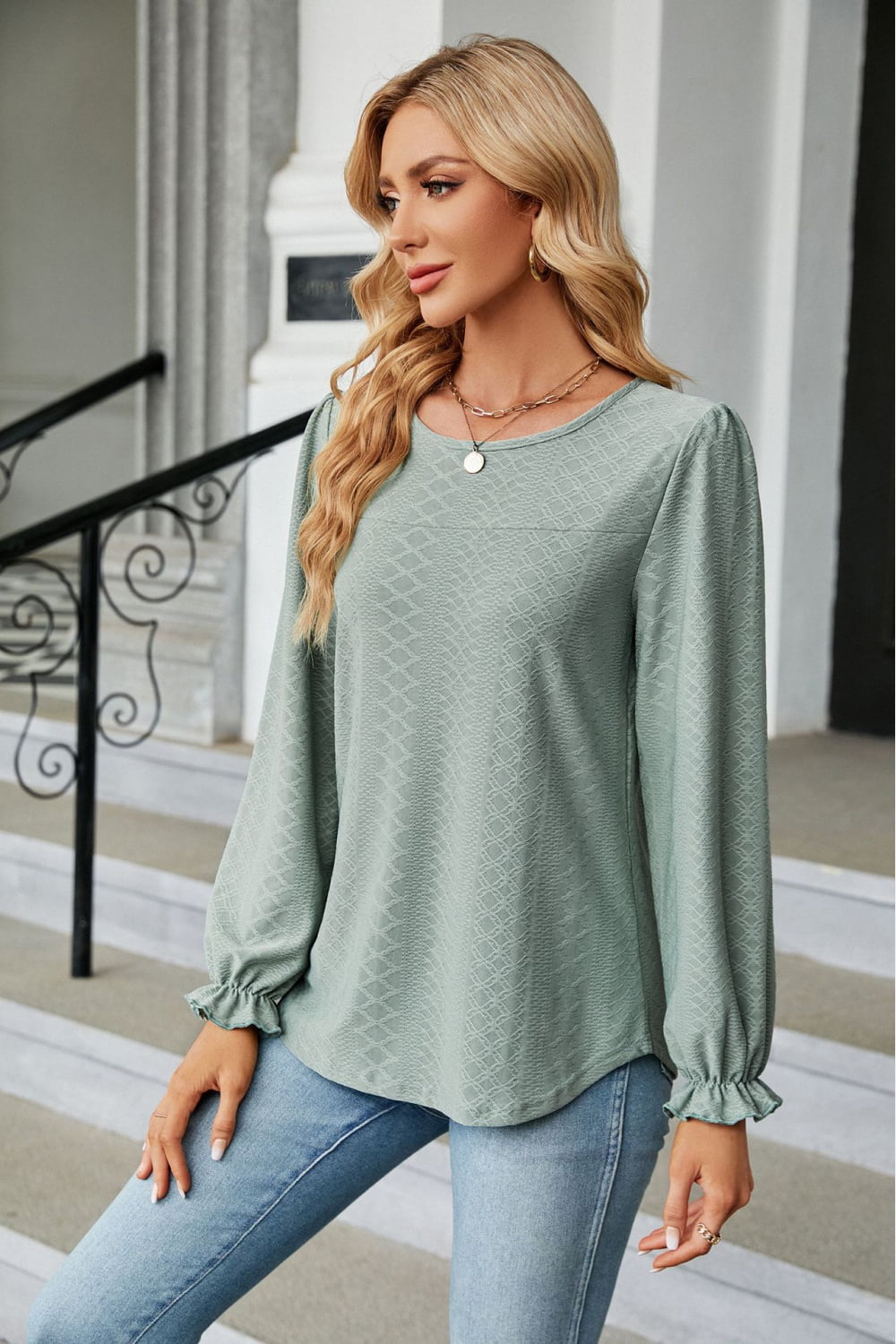 Round Neck Flounce Sleeve Blouse – Trendsi | ClozArt