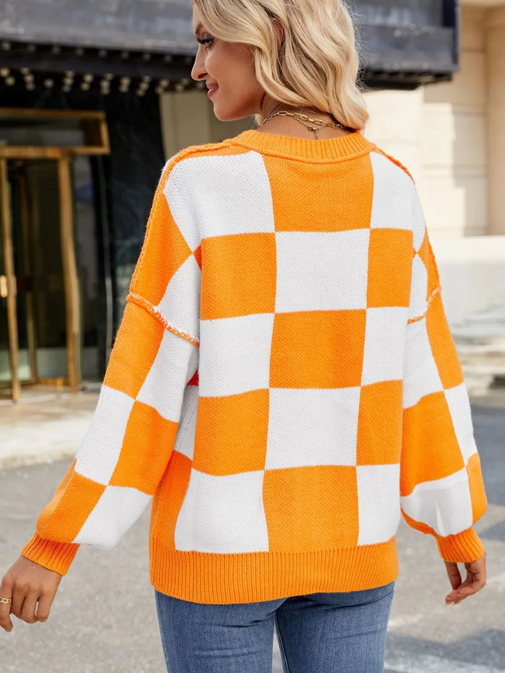 Checkered Round Neck Long Sleeve Sweater – Trendsi | ClozArt