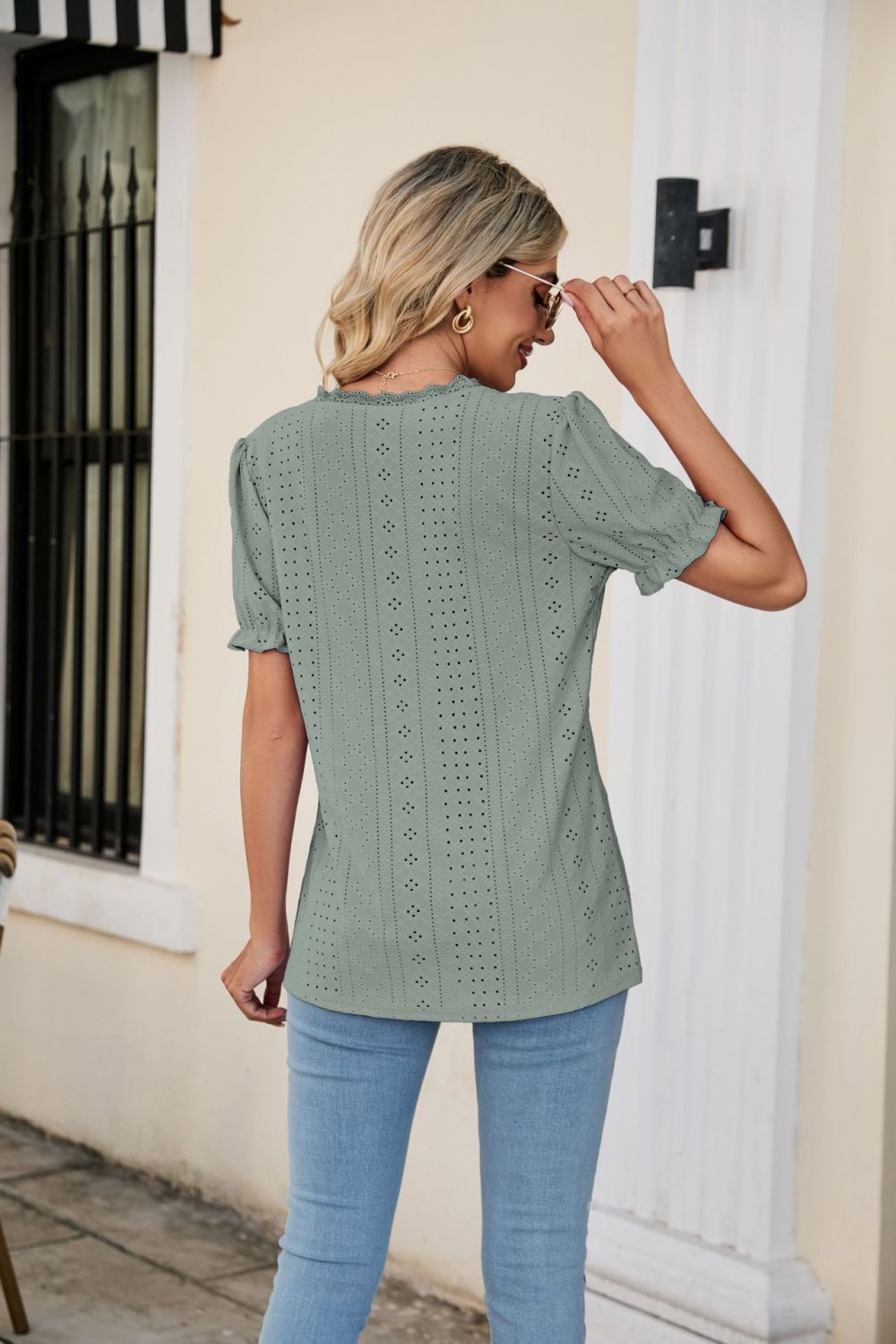 Eyelet Flounce Sleeve Scalloped V-Neck Top – Trendsi | ClozArt