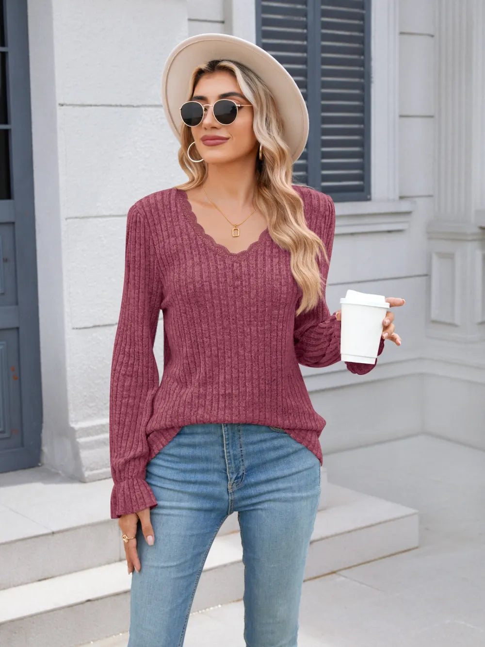 Lace Detail V-Neck Long Sleeve T-Shirt – Trendsi | ClozArt