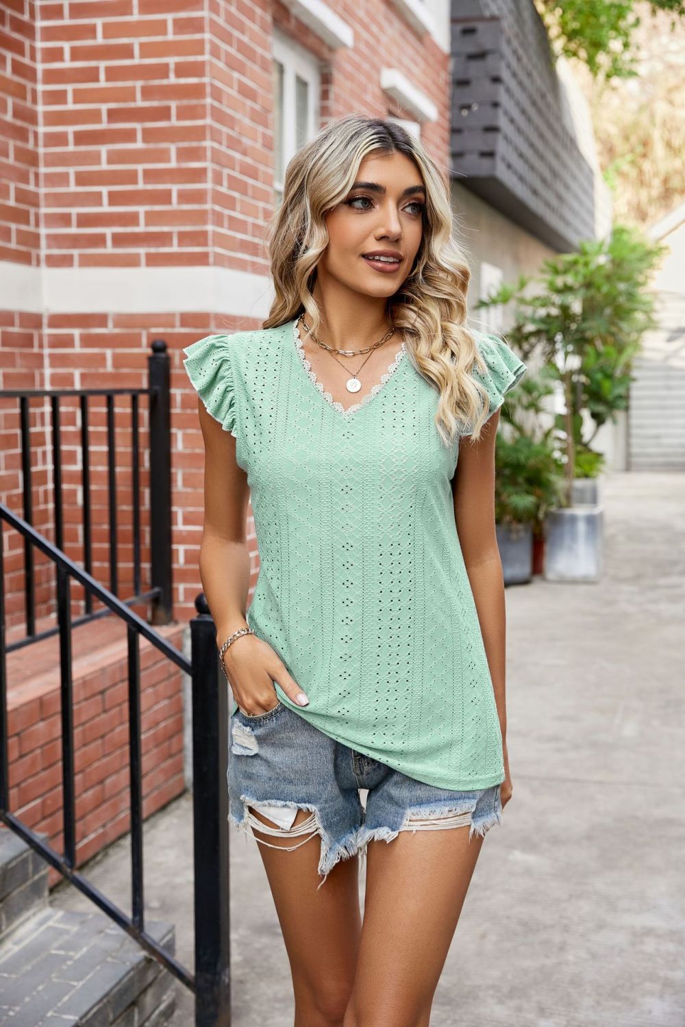 Eyelet Flutter Sleeve Scalloped V-Neck Top – Trendsi | ClozArt