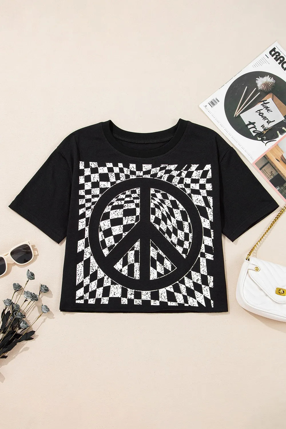 Checkered Peace Sign Round Neck T-Shirt – Trendsi | ClozArt