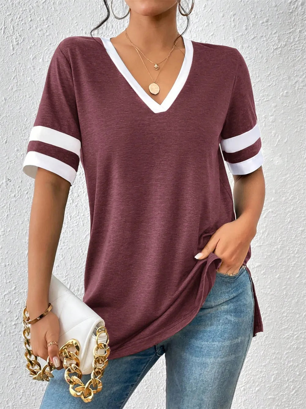 Contrast Trim V-Neck Short Sleeve T-Shirt – Trendsi | ClozArt