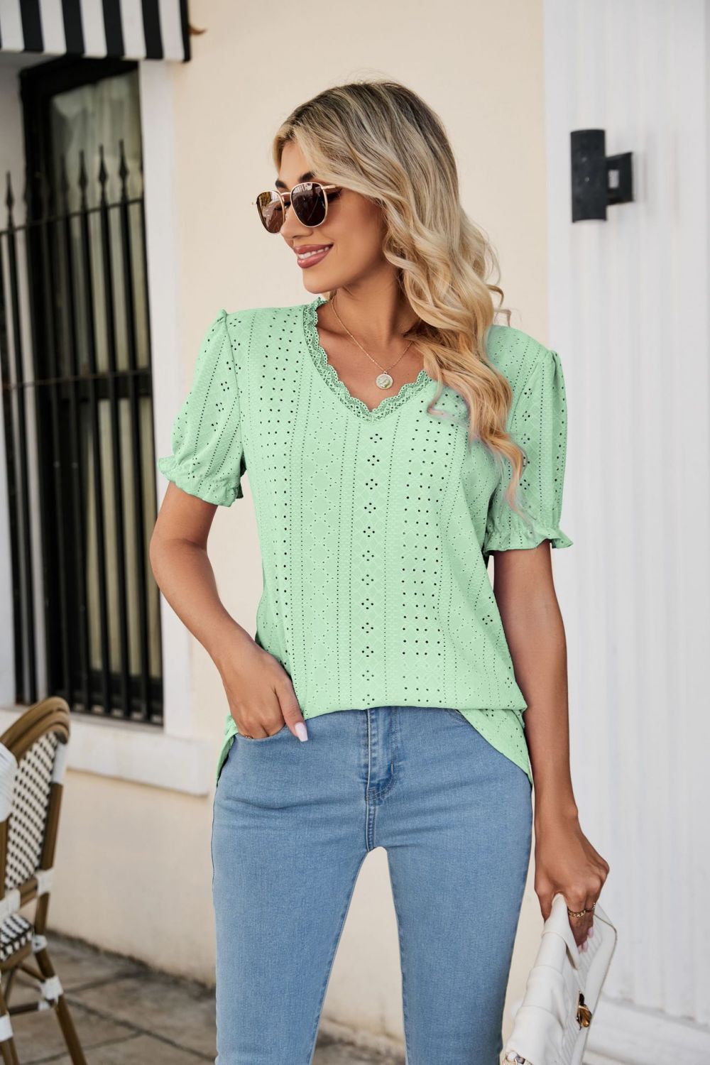 Eyelet Flounce Sleeve Scalloped V-Neck Top – Trendsi | ClozArt