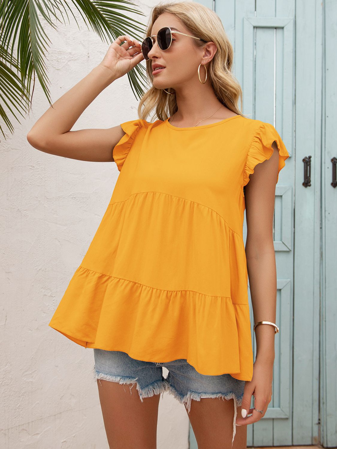 Ivy Lane Round Neck Flutter Sleeve Tiered Blouse – Trendsi | ClozArt