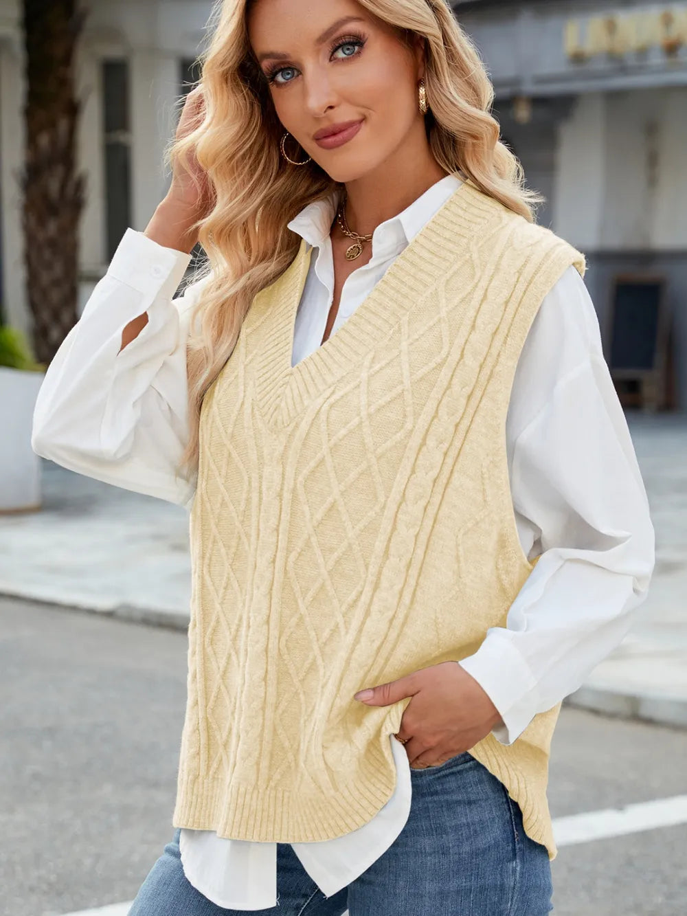 Cable Knit V-Neck Sweater Vest – Trendsi | ClozArt