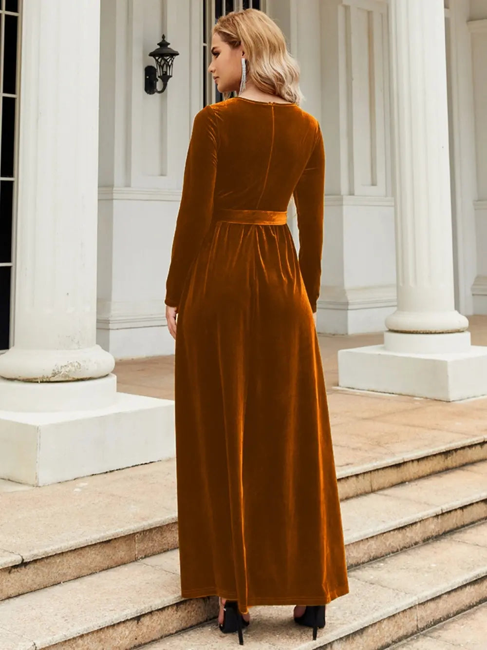 Tie Front Round Neck Long Sleeve Maxi Dress – Trendsi | ClozArt