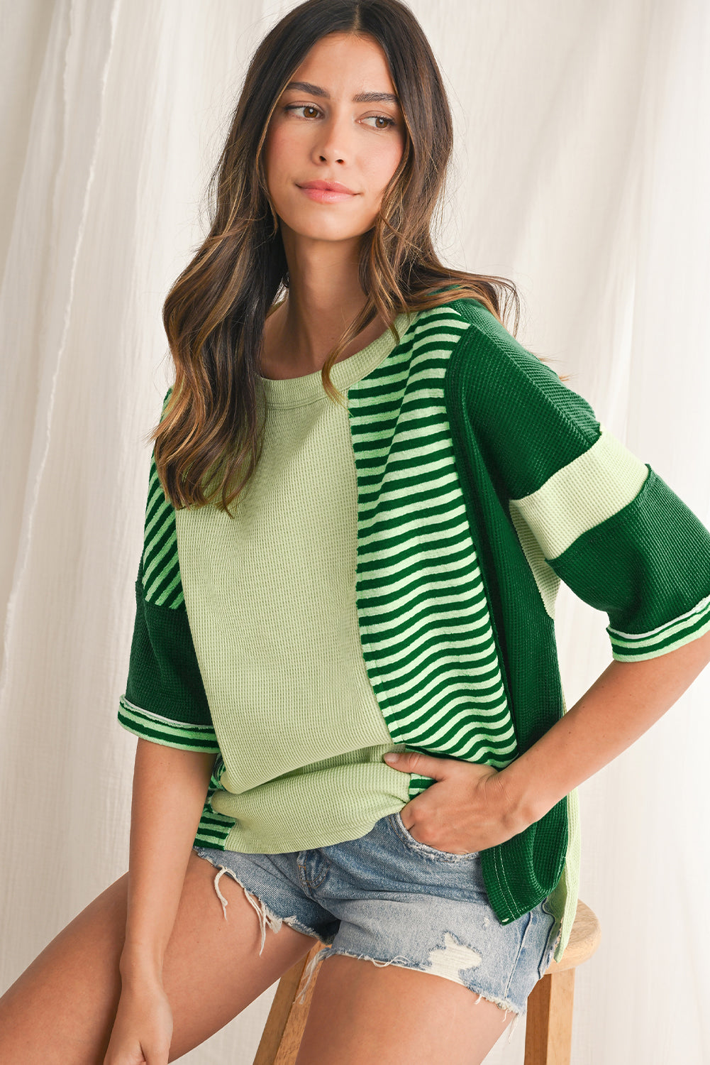 Mint Green Striped Patchwork Half Sleeve T Shirt – Shewin | ClozArt