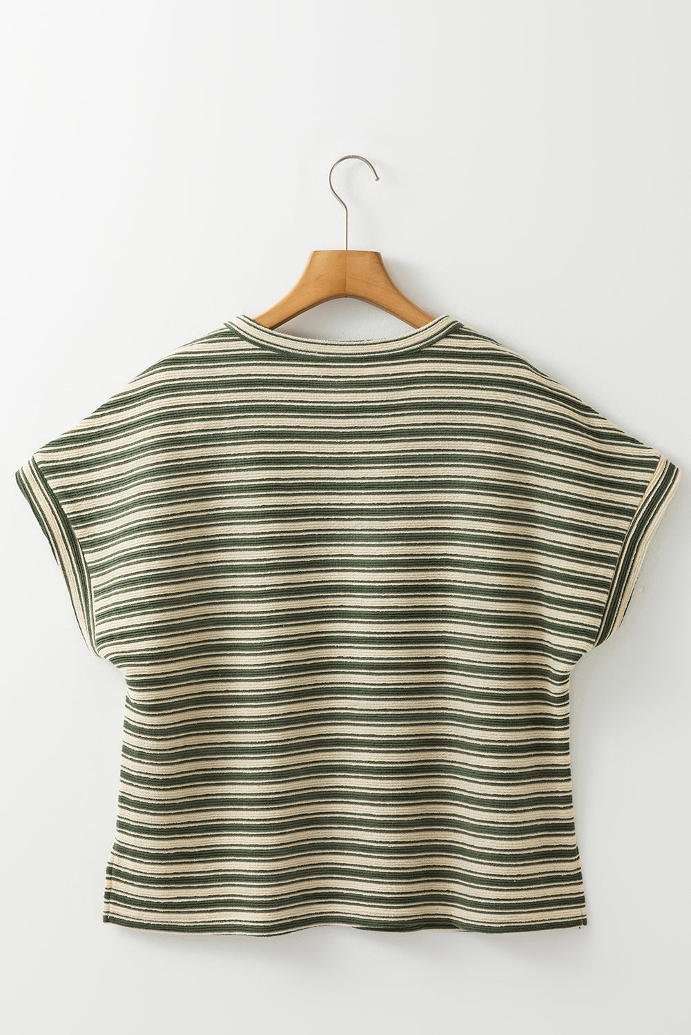 Green Stripe Textured Side Slit Crew Neck T Shirt – Shewin | ClozArt