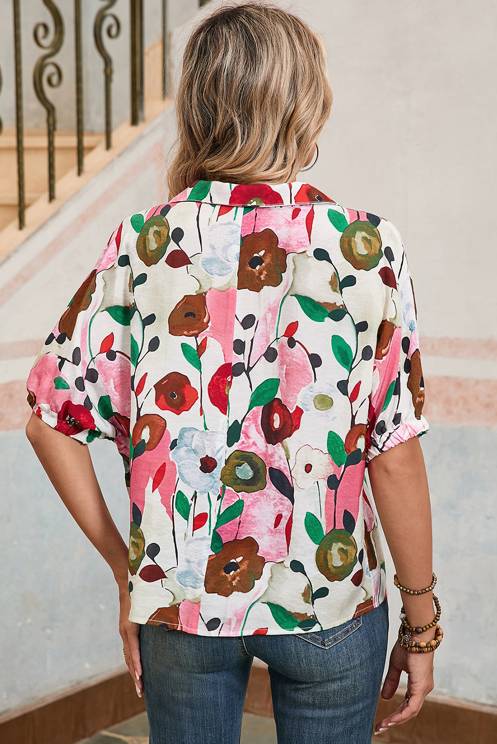 Peacock Blue Floral Print Boho Pop of Color Neckline Blouse – Shewin | ClozArt