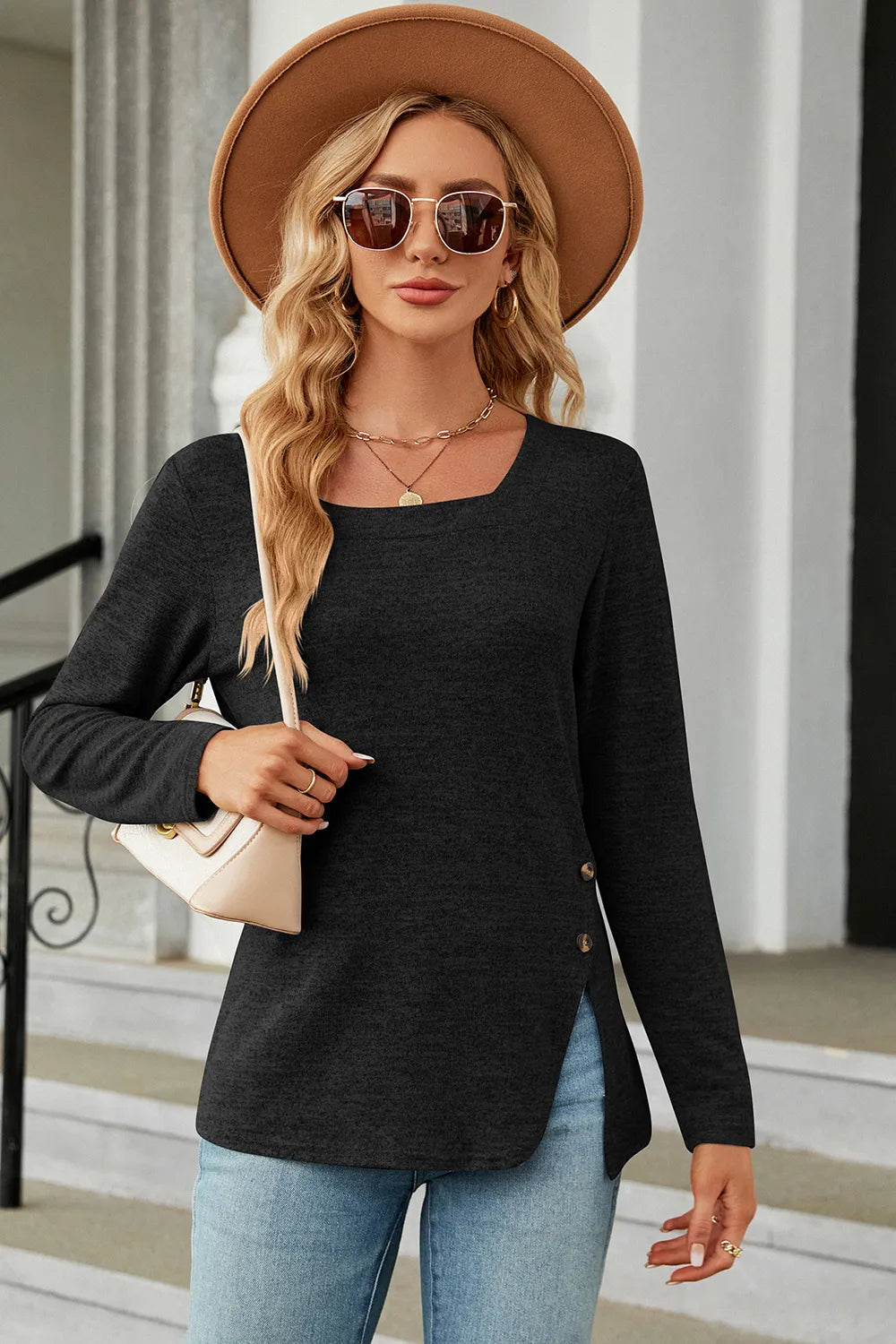 Slit Decorative Button Square Neck T-Shirt – Trendsi | ClozArt