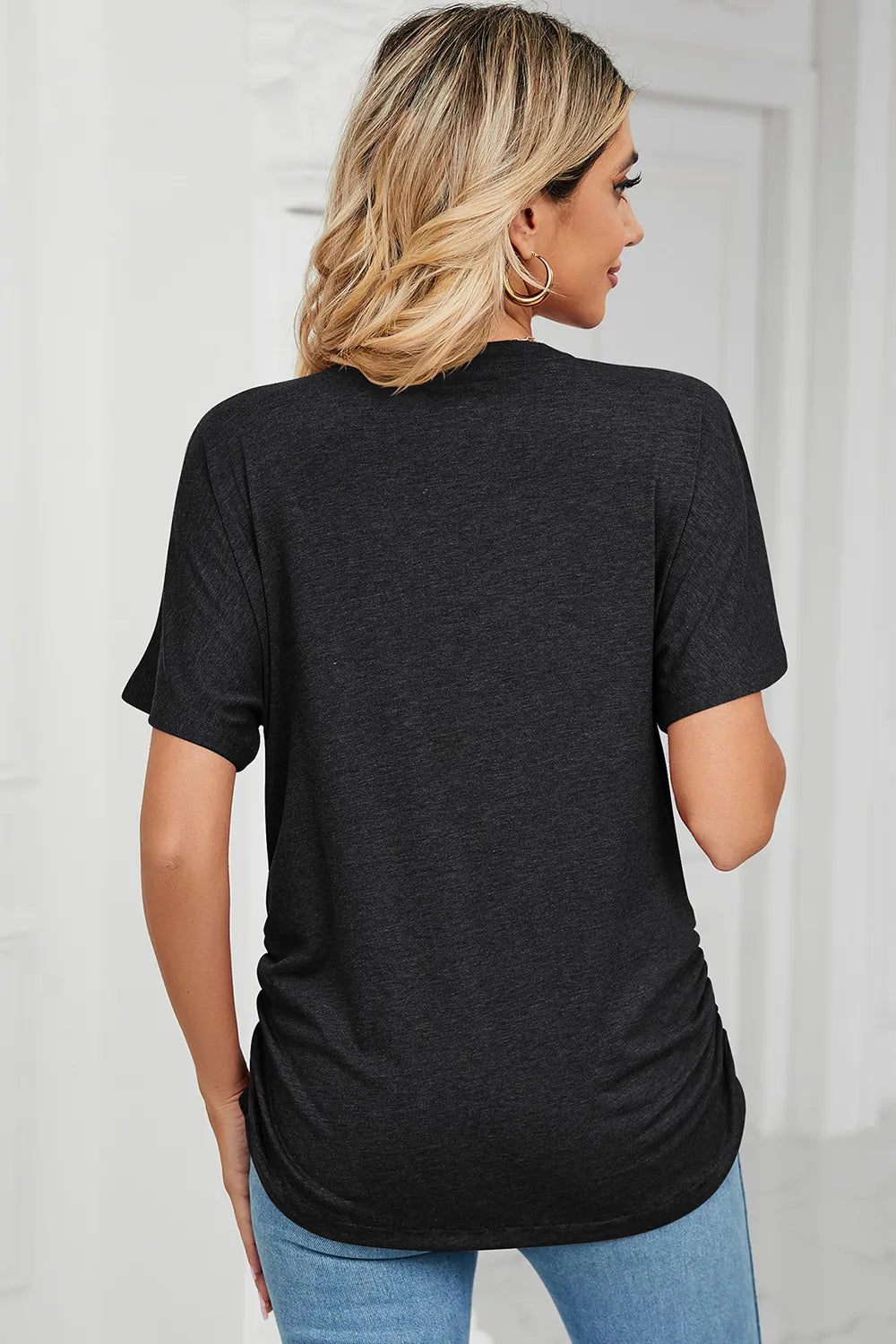 Ruched V-Neck Short Sleeve T-Shirt – Trendsi | ClozArt