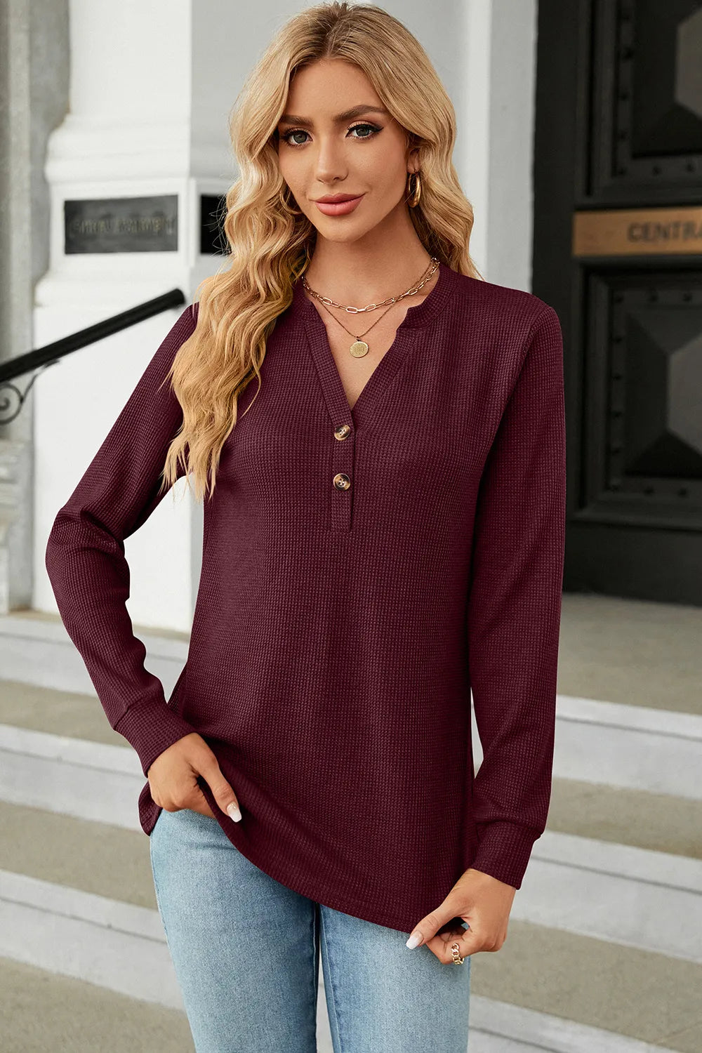 Waffle-Knit Notched Long Sleeve T-Shirt – Trendsi | ClozArt