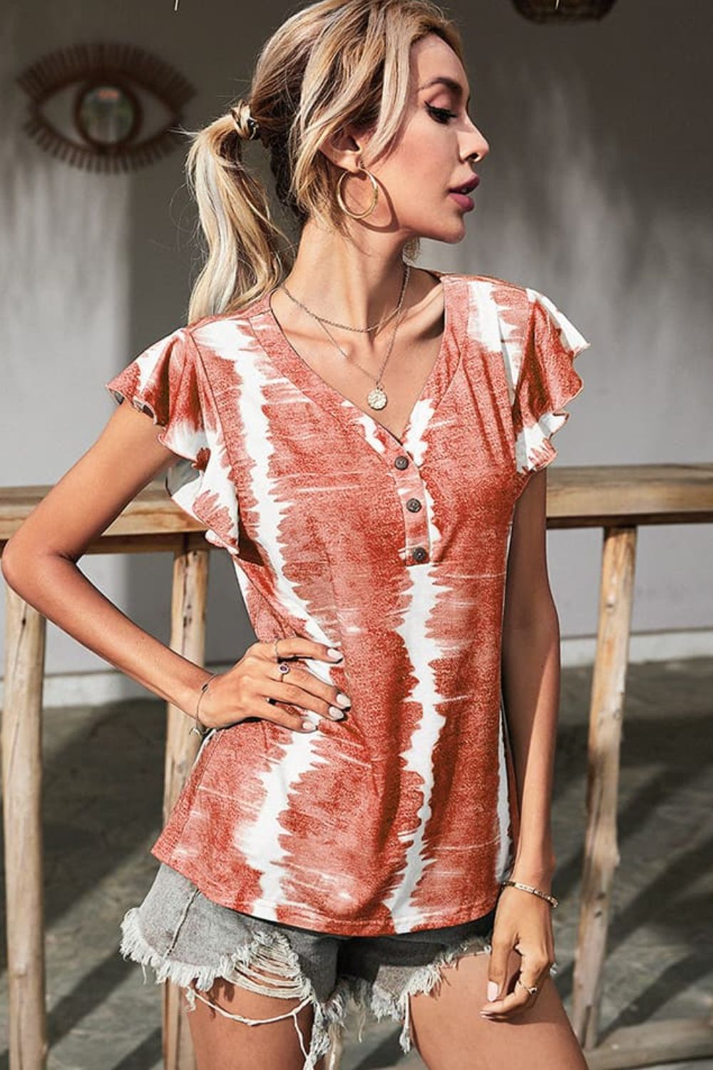 Shiny Tie-Dye Buttoned Flutter Sleeve Blouse – Trendsi | ClozArt