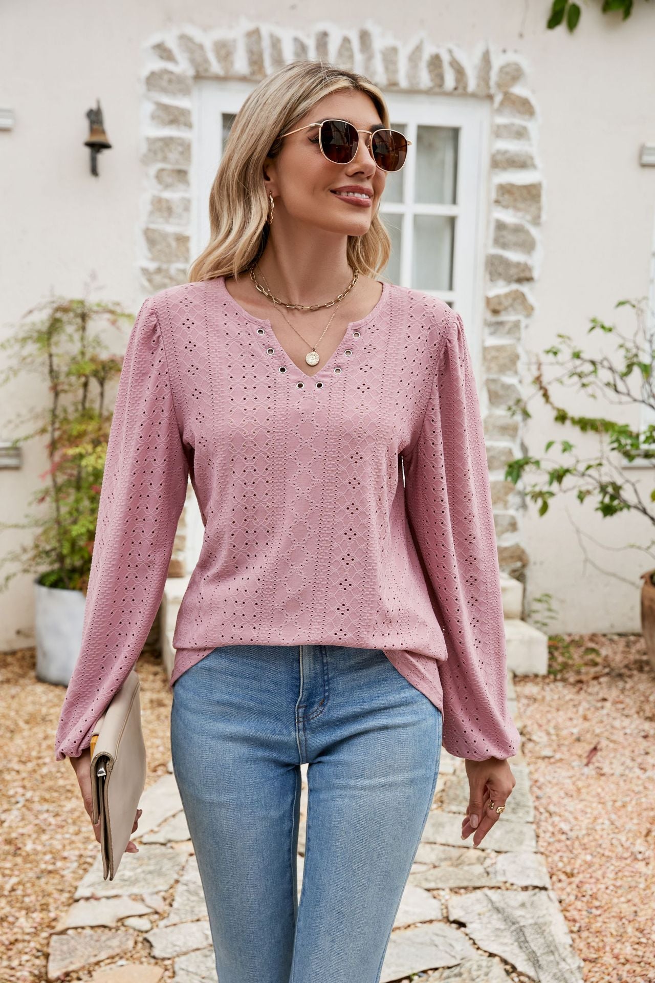 Eyelet Notched Neck Balloon Sleeve Blouse – Trendsi | ClozArt