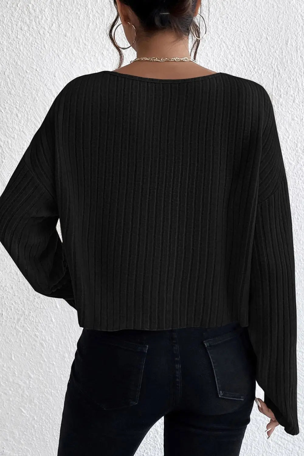 Ribbed Round Neck Drop Shoulder Long Sleeve Top – Trendsi | ClozArt