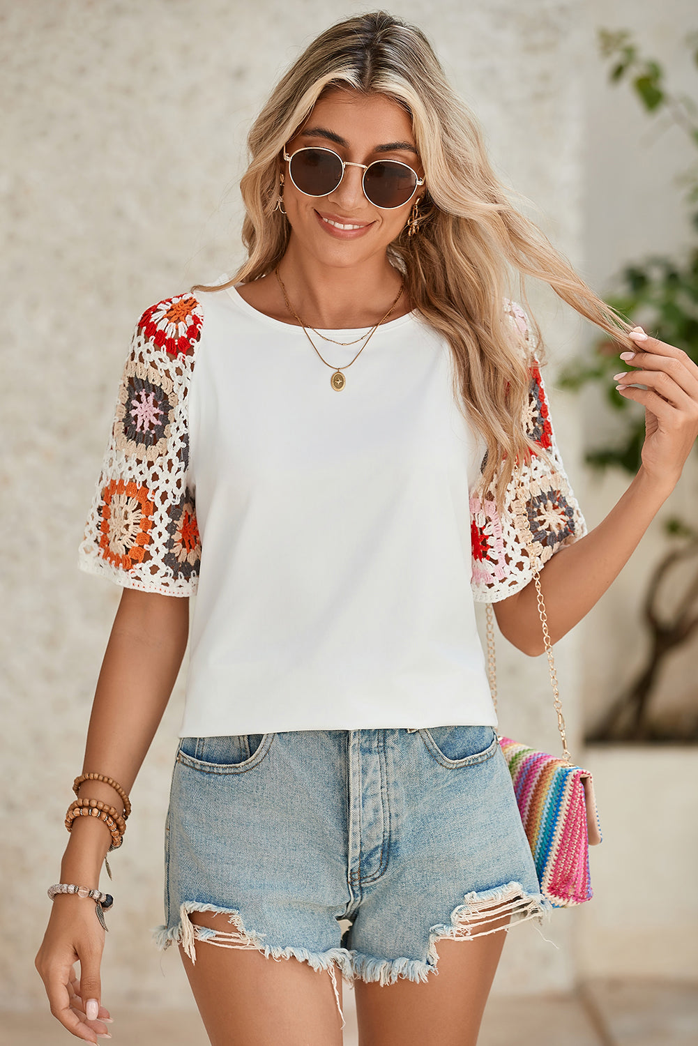 White Floral Hollowed Crochet Sleeve Boho T Shirt – Shewin | ClozArt