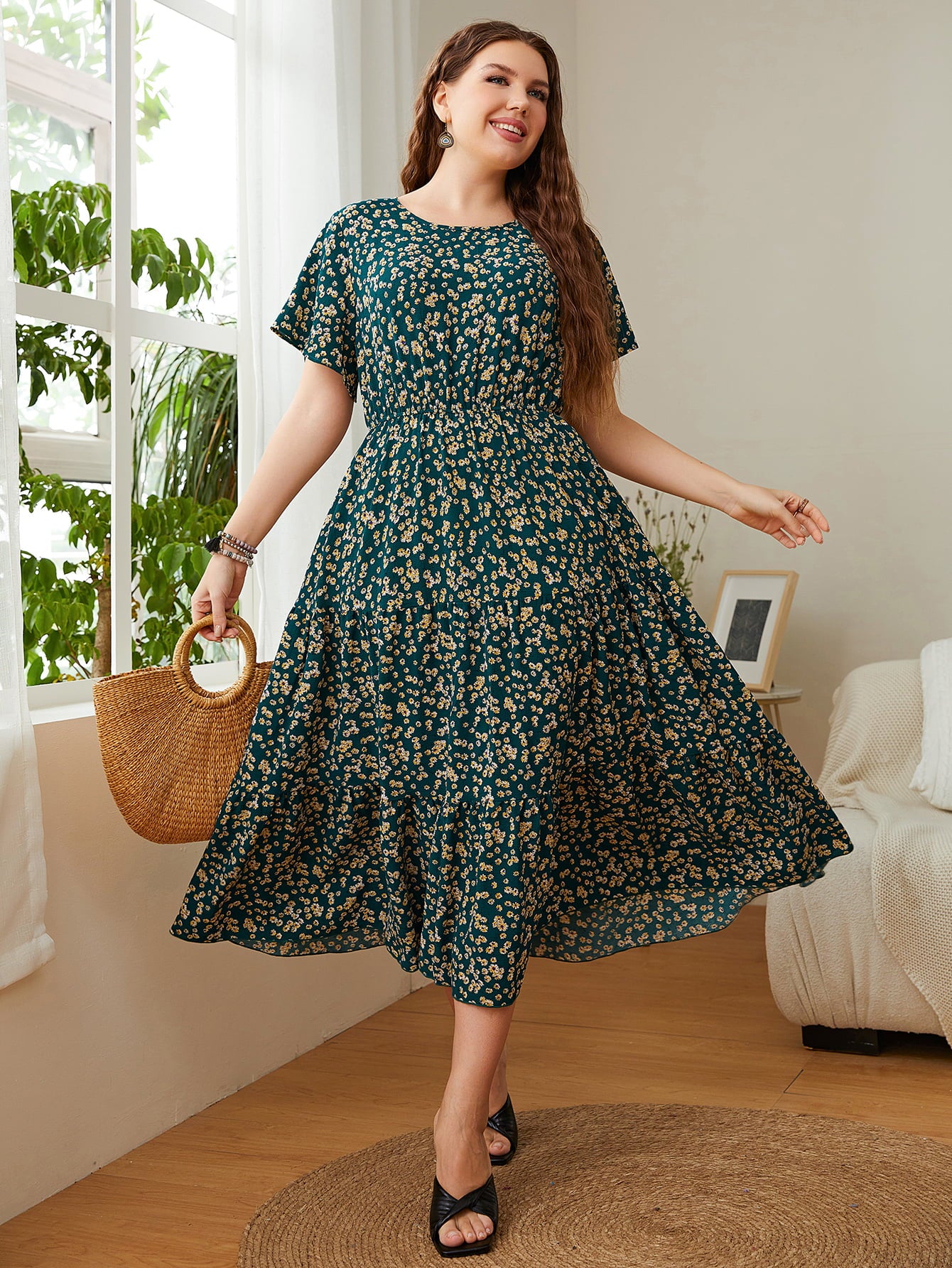 Honey Plus Size Floral Round Neck Short Sleeve Midi Dress – Trendsi | ClozArt