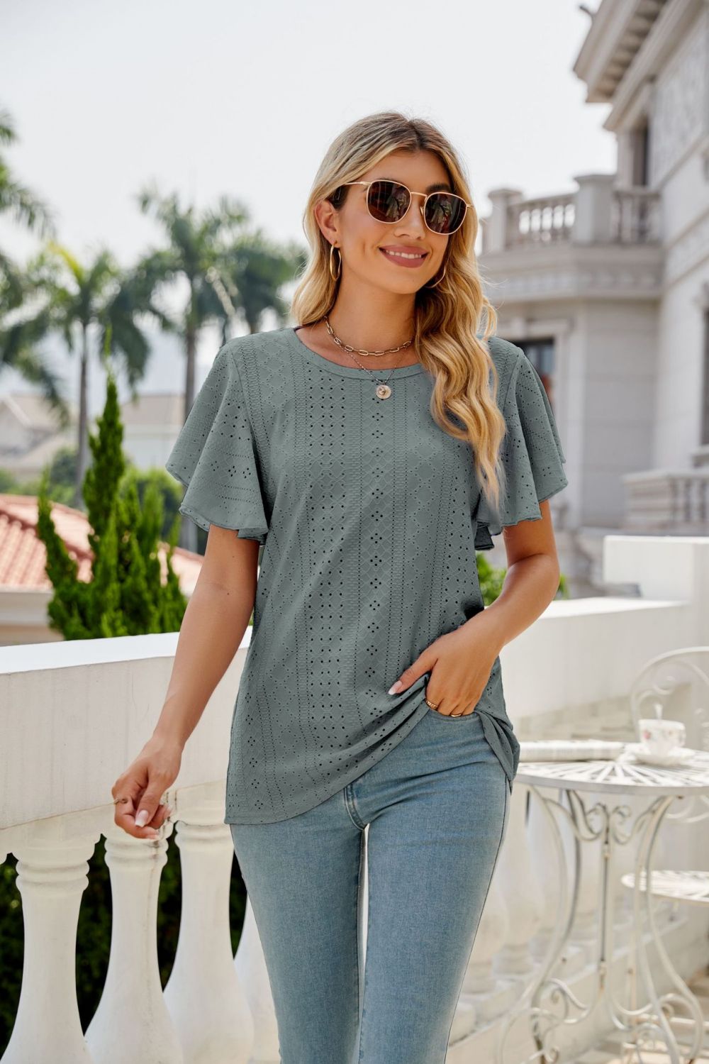Eyelet Flutter Sleeve Round Neck Top – Trendsi | ClozArt
