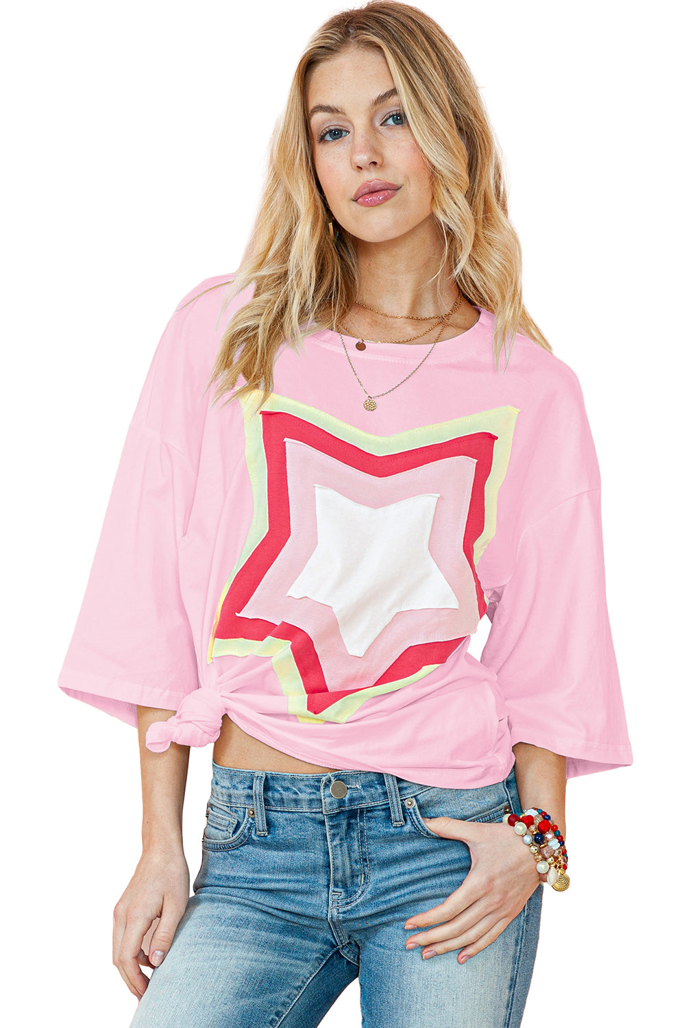 Moonlight Jade Colorblock Star Patched Half Sleeve Oversized Tee – Shewin | ClozArt