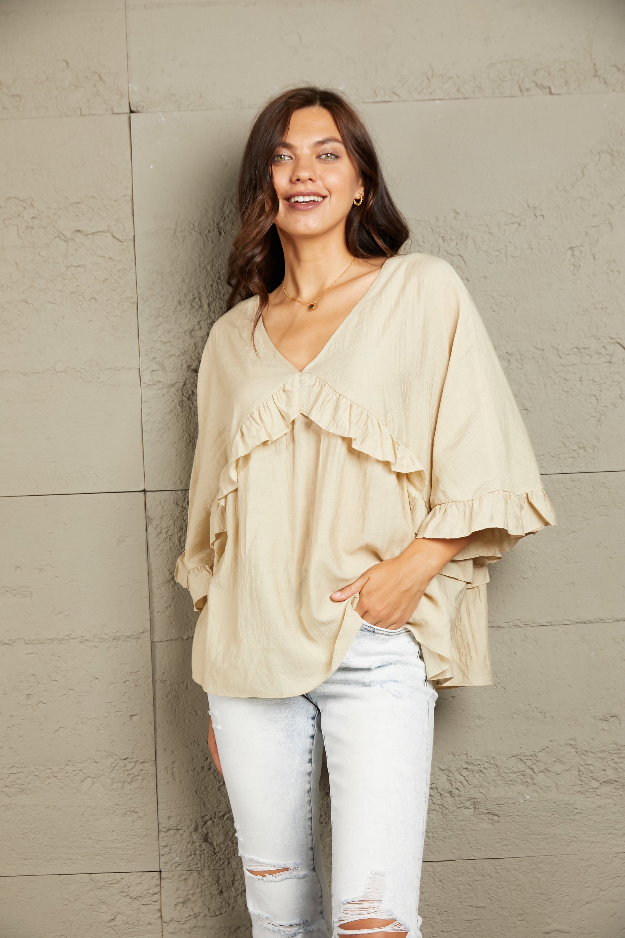Ruffled V-Neck Half Sleeve Blouse – Trendsi | ClozArt