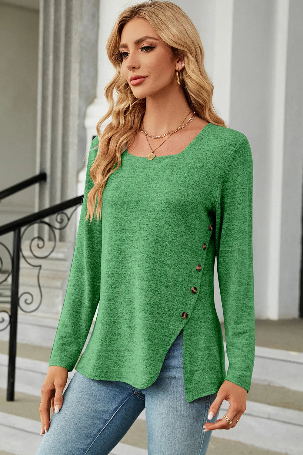 Slit Decorative Button Square Neck T-Shirt – Trendsi | ClozArt