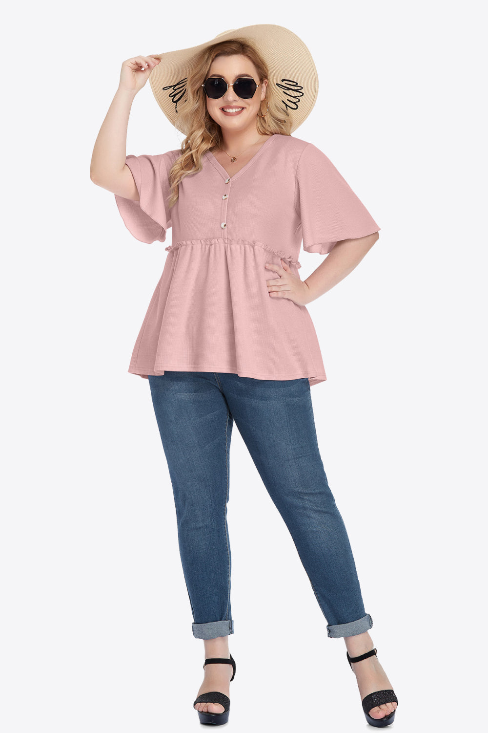 Plus Size Buttoned V-Neck Frill Trim Babydoll Blouse – Trendsi | ClozArt