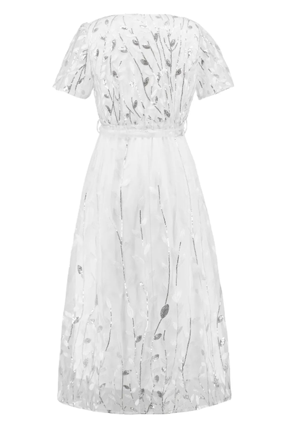 Sequin Leaf Embroidery Tie Front Short Sleeve Dress – Trendsi | ClozArt