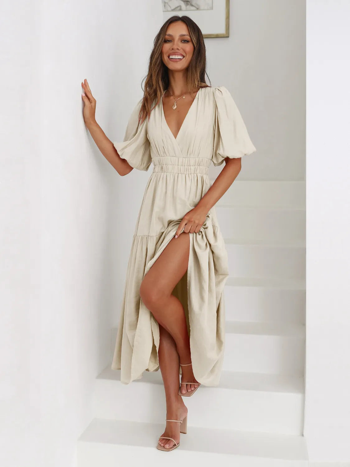 Tiered Surplice Half Sleeve Midi Dress – Trendsi | ClozArt