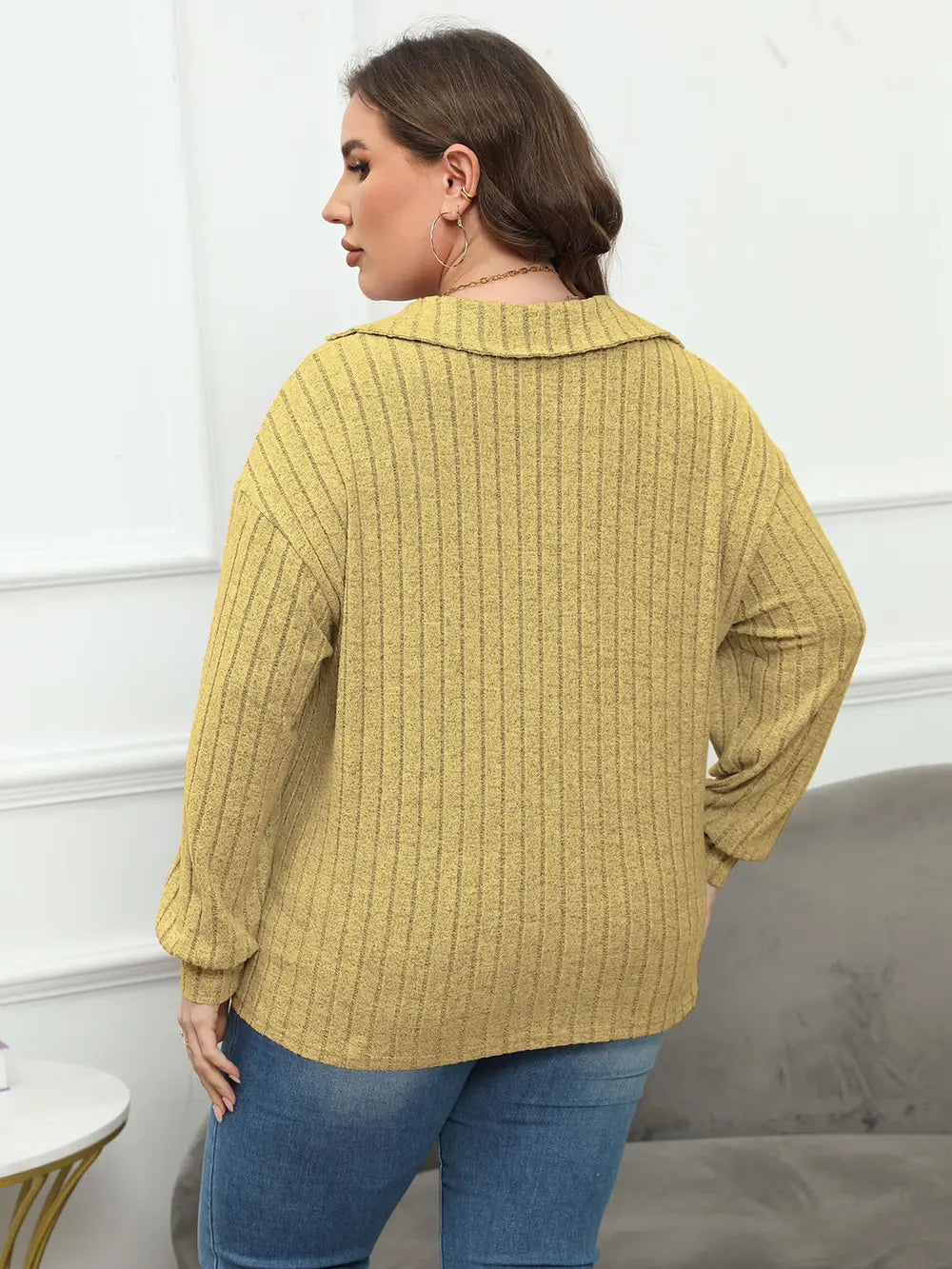 Plus Size Ribbed Collared Neck Long Sleeve Blouse – Trendsi | ClozArt