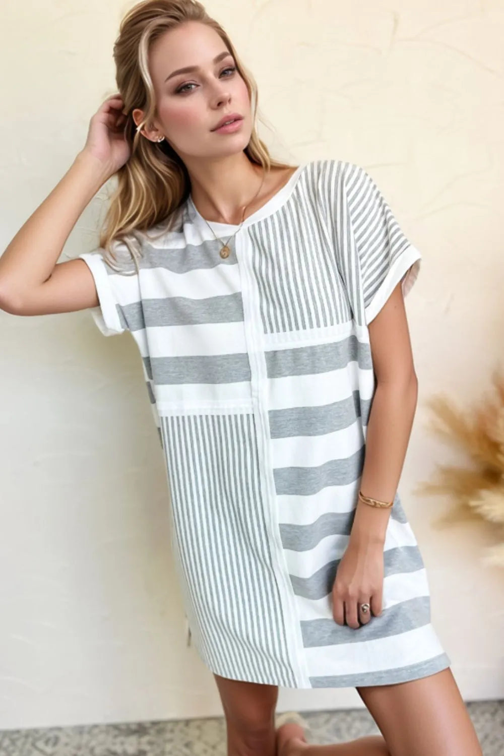 Stripe Mixed Short Sleeve Shift Mini Tee Dress – Trendsi | ClozArt