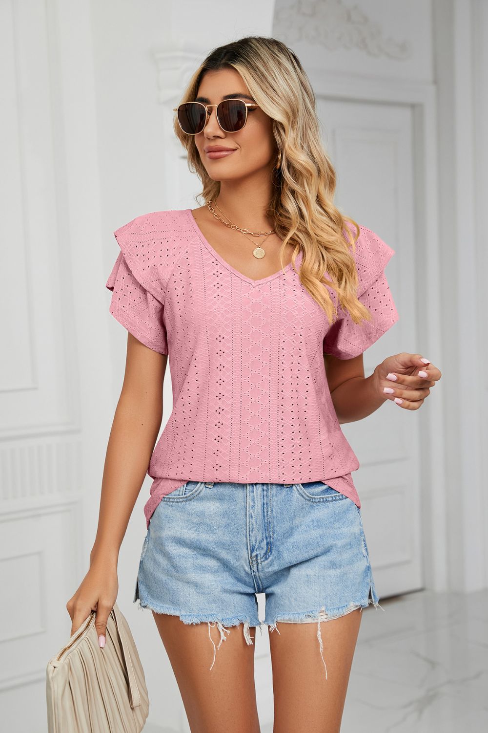 Eyelet Layered Flutter Sleeve V-Neck Knit Top – Trendsi | ClozArt