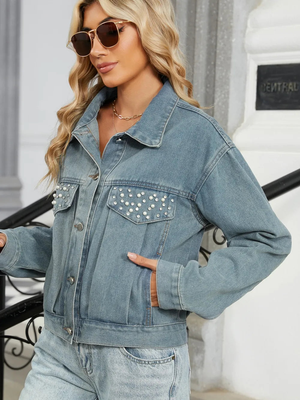 Rhinestone & Peal Trim Button Down Long Sleeve Denim Jacket – Trendsi | ClozArt