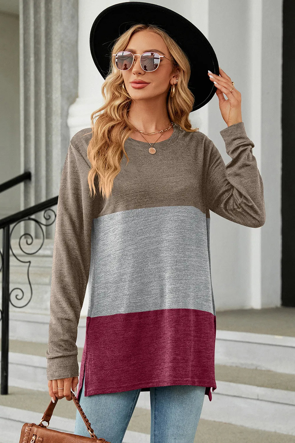 Color Block Round Neck Long Sleeve T-Shirt – Trendsi | ClozArt