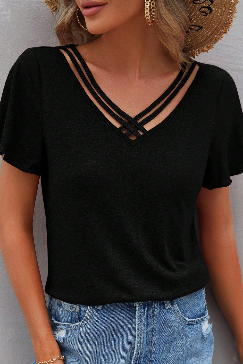 Mist Green Crisscross V Neck Flutter Sleeve T Shirt – Shewin | ClozArt