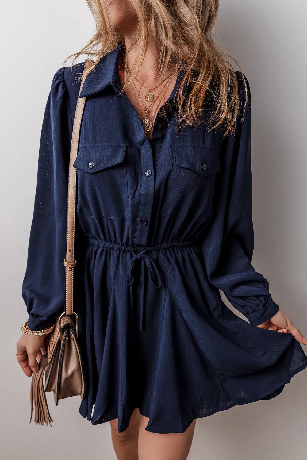 Drawstring Half Button Long Sleeve Dress – Trendsi | ClozArt