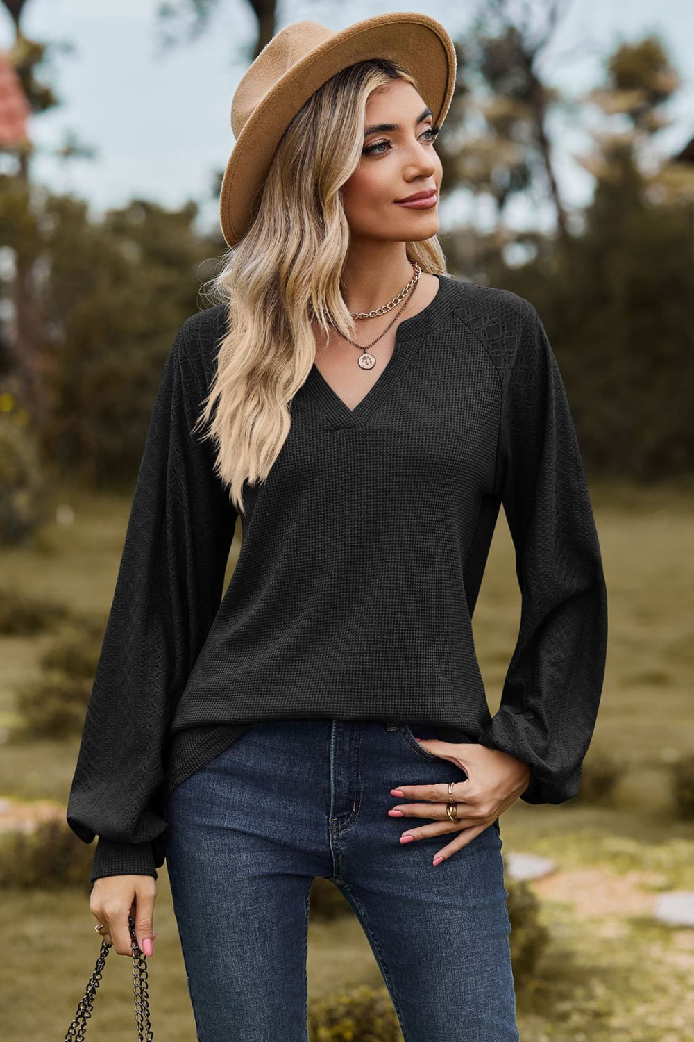 Notched Neck Raglan Sleeve Blouse – Trendsi | ClozArt