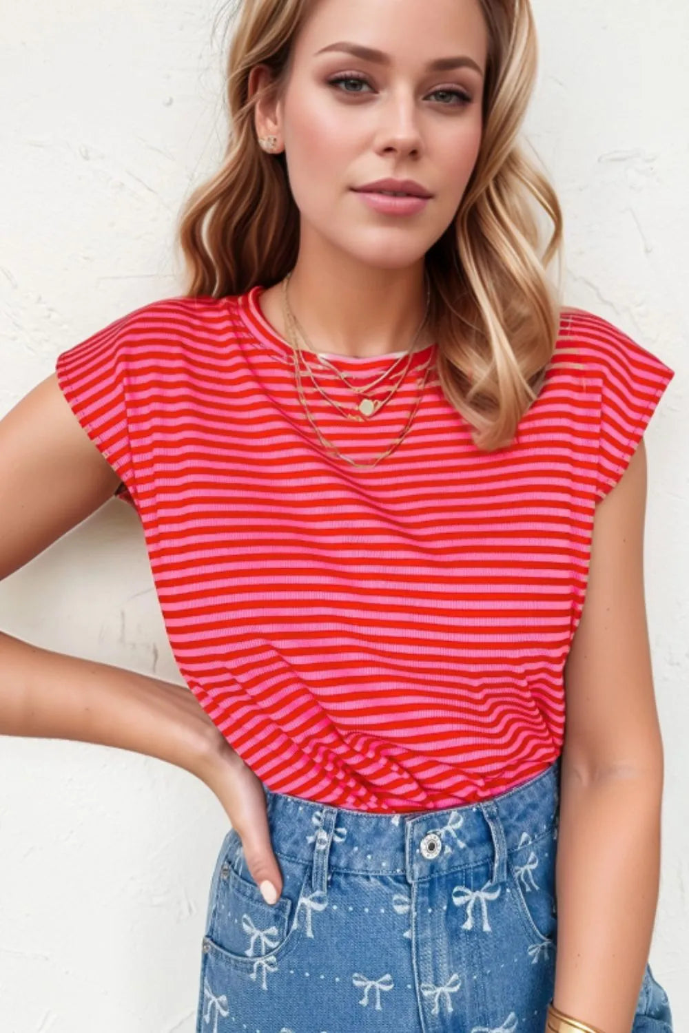 Stripe Ribbed Cap Sleeve Round Neck T Shirt – Trendsi | ClozArt