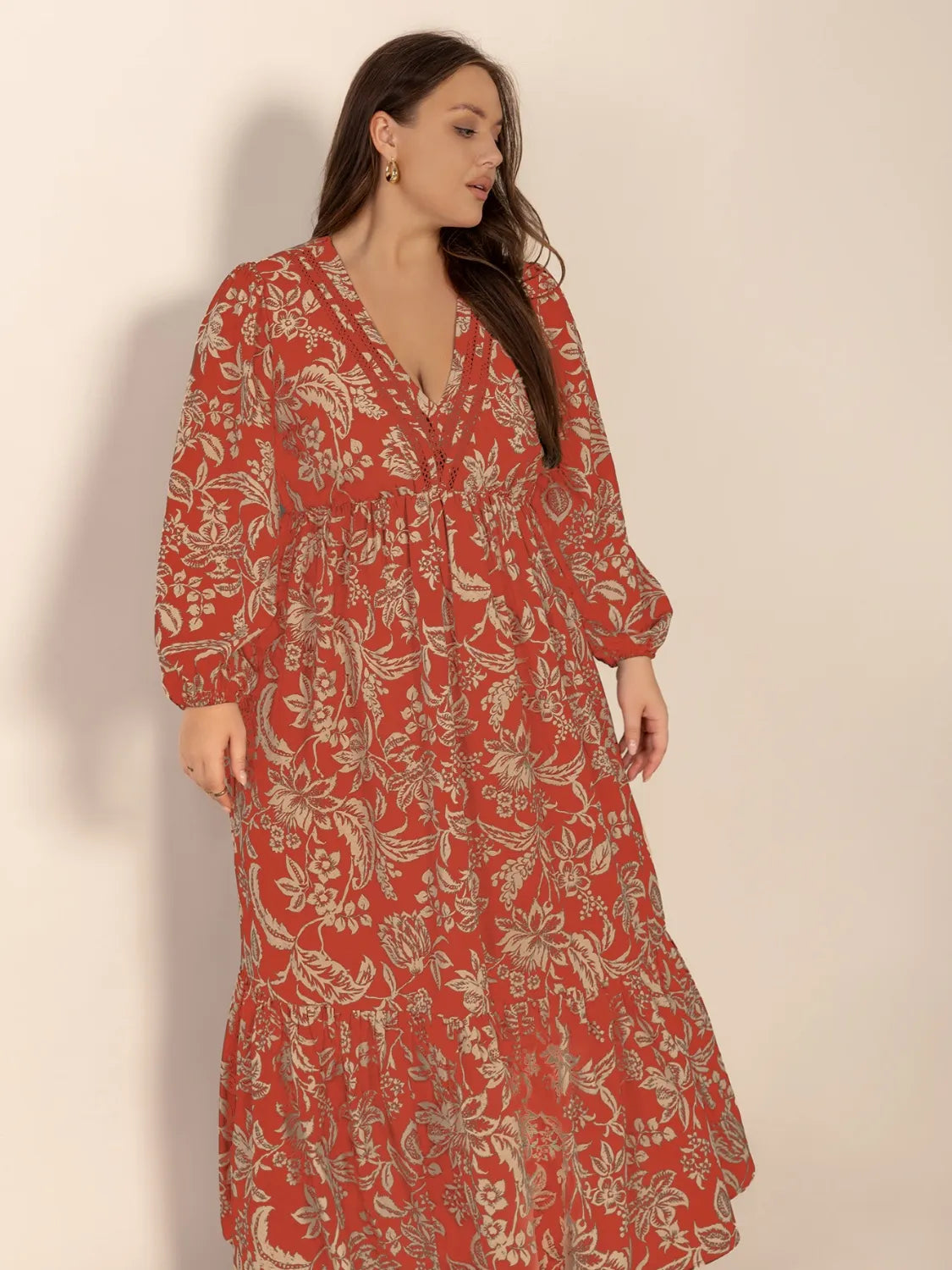 Plus Size Lace Detail Printed Balloon Sleeve Midi Dress – Trendsi | ClozArt