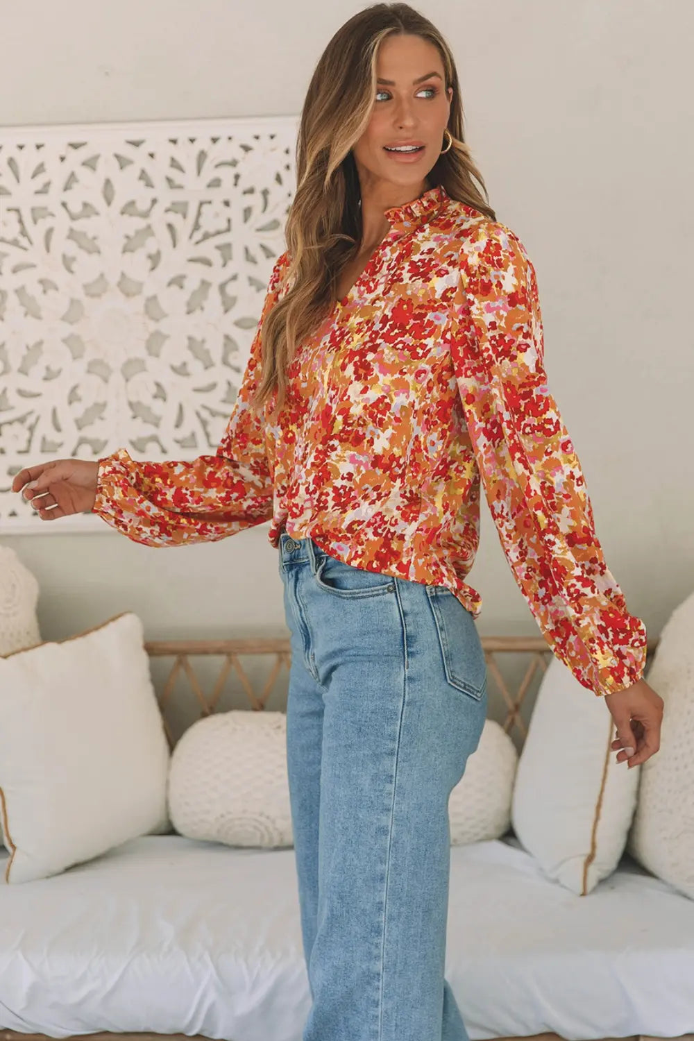 Floral Notched Balloon Sleeve Blouse – Trendsi | ClozArt